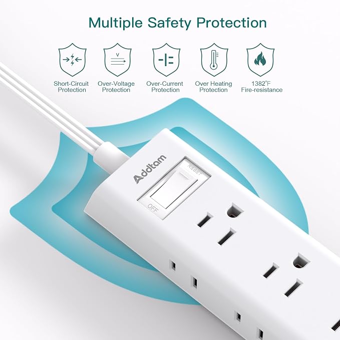 Addtam Flat Plug Extension Cord 15FT, Power Strip Surge Protector with 12 Outlets 3-Side Wide Spaced Outlet Extender, Wall Mount Desk Charging Station for Home Office Garage Dorm Room, White