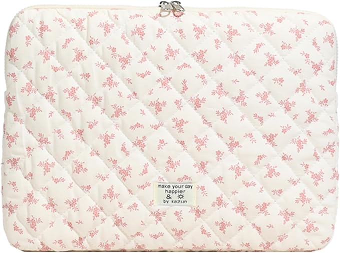 Cute Laptop Sleeve 13-15 inch Laptop Case Aesthetic Quilted Laptop Sleeve Computer Bag with Flower Printing for MacBook (Pink, 13inch)