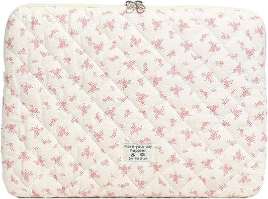Cute Laptop Sleeve 13-15 inch Laptop Case Aesthetic Quilted Laptop Sleeve Computer Bag with Flower Printing for MacBook (Pink, 13inch)