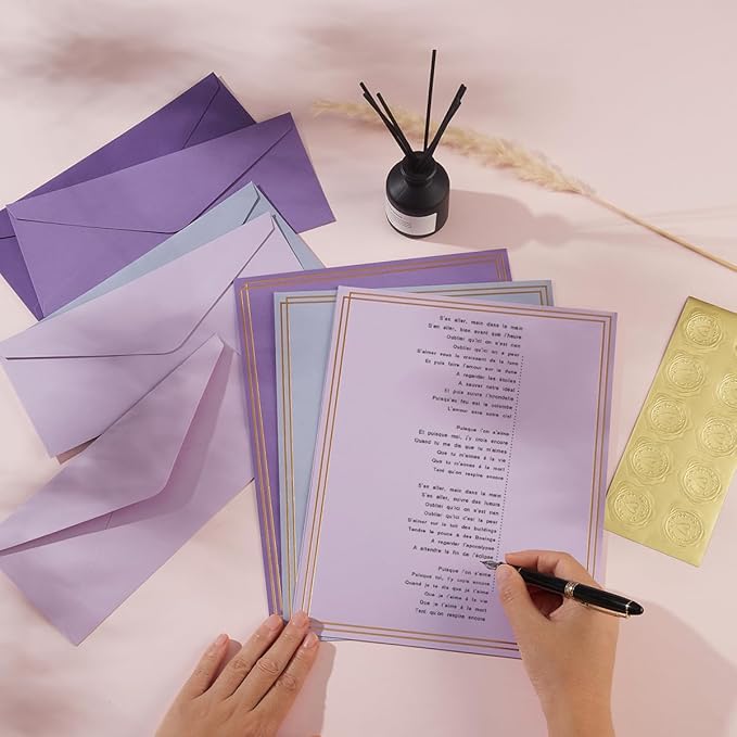 50 Pack Colored Stationery Set, 5 Colors #10 Business Envelopes, 50 Sheets 8.5x11 Paper Sheet and Gold Stickers for Office, Letters, Invitations (Purple)