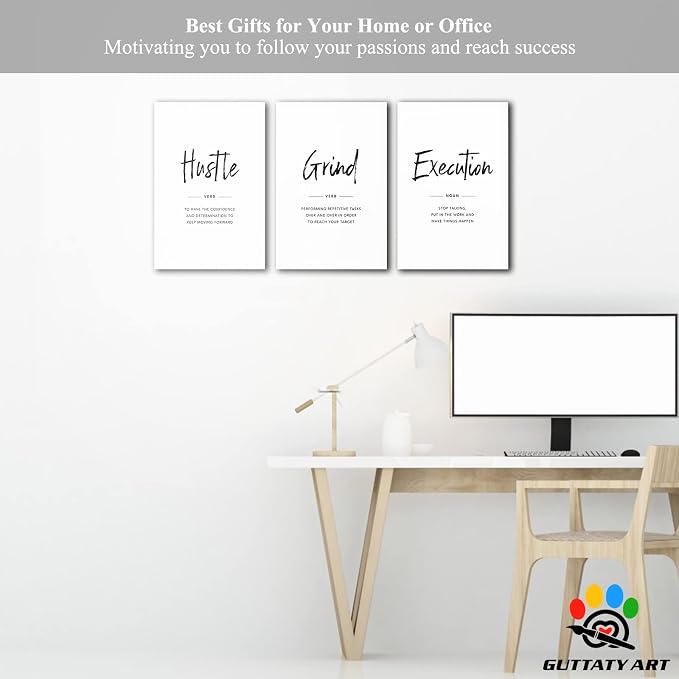 Office Wall Art - 3 Panel Motivational Wall Art, Inspirational Quotes Canvas Art for Home Office Wall Decor, Positive Quotes Wall Decor, Entrepreneur Grind Hustle Execution Poster Frame (12”x24”x3Pcs)
