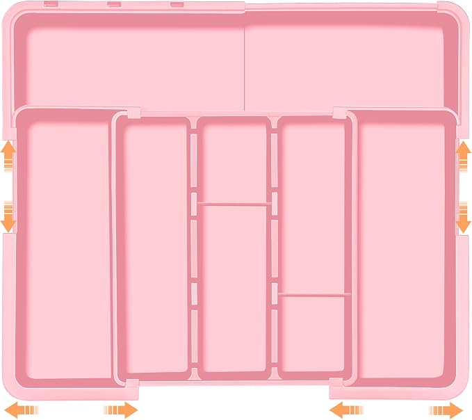 Large Utensil Drawer Organizer Expandable Silverware Organizer for Kitchen Drawer Adjustable Cooking Utensil Holder Cutlery Flatware Tray Spatula Tools Gadgets Storage Dividers Plastic Pink