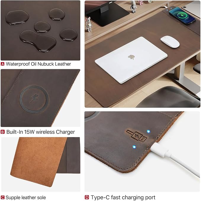 Hiram Crazy Horse Leather Desk Mat with 15W Wireless Charging - Waterproof and High-End Cowhide Texture for a Comfortable Office Experience(31in x 16in)