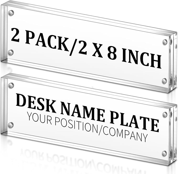 Geetery 2 Pcs Acrylic Office Desk Name Plate Personalized Clear Acrylic Block Double Sided Table Name Plate Holder Business Magnet Frame DIY Desktop Holder Accessories Decor (2" x 8")