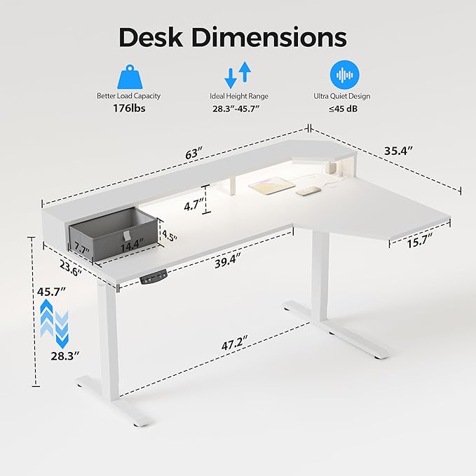 Agilestic 63 Inch L Shaped Electric Standing Desk with Shelf, Height Adjustable Large Desk with Power Outlet & LED, Corner Sit Stand Up Table with Monitor Stand, Computer Workstation, White