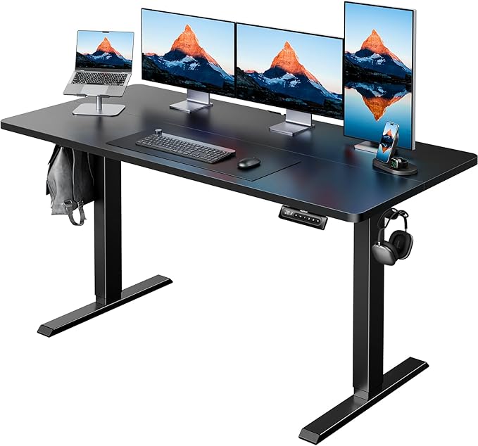 HUANUO 55 x 28 Inch Electric Standing Desk, Height Adjustable Computer Gaming Desk with 4 Memory Presets, Home Office Sit Stand Desk with Hooks & Cable Management, Black