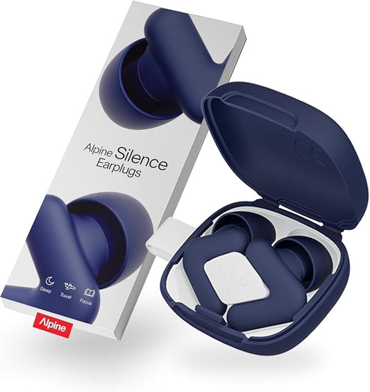 Alpine Silence Earplugs for Sleep, Focus & Travel - V-Shape Fit & Soft Oval Tips – 4 Sizes XS/S/M/L - Comfortable, Reusable Hearing Protection - up to 22 dB – Midnight Blue