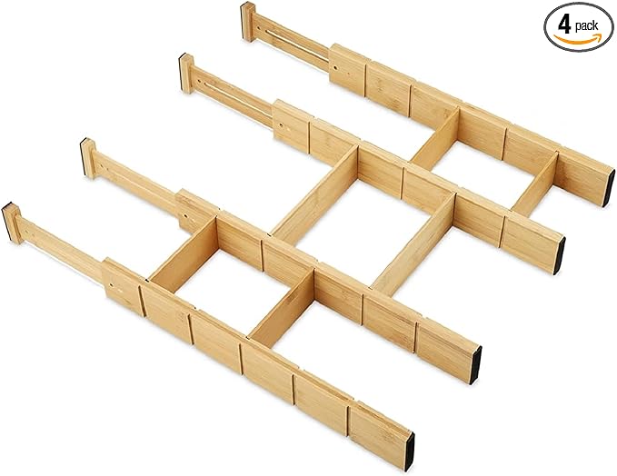 Bamboo Drawer Dividers – Adjustable Expandable Drawer Organizer (4-Pack + Inserts), Spring-Loaded Bamboo Drawer Separators for Kitchen Utensils, Silverware, Dresser & Bathroom Organization