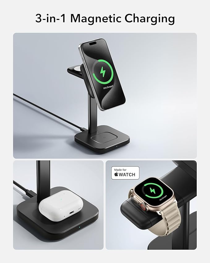 ESR 3 in 1 Wireless Charging Station for Apple[Certified] Portable Apple Watch Charger & MagSafe Charger Stand, Wireless Charger for Multiple Devices iPhone 17e/17/16/15/14/13/12&Watch&AirPods, Black