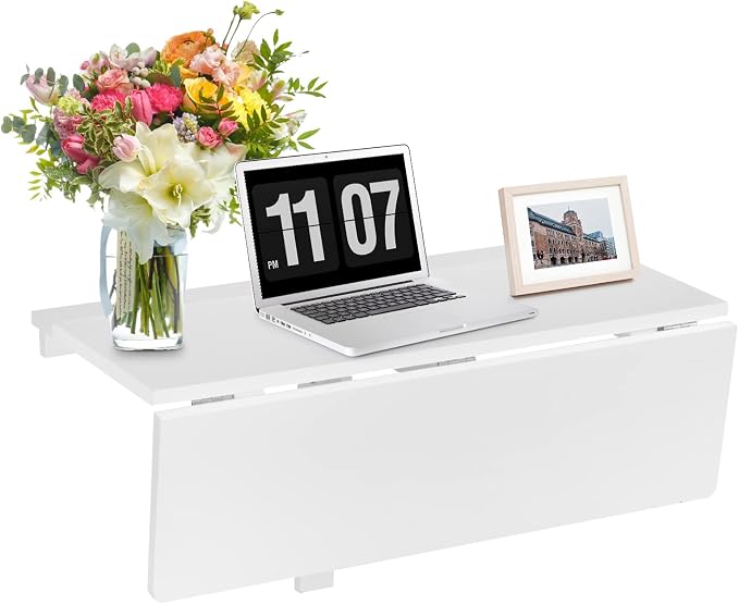 COSTWAY Wall Mounted Folding Table, 31.5" x 23.5" Drop-Leaf Floating Writing Desk for Small Spaces, Space-Saving Fold Down Laptop Workstation for Kitchen, Bedroom, Laundry Room, Study Room (White)