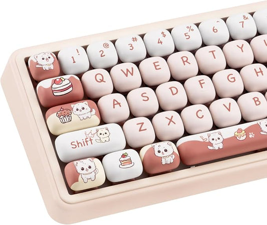 PBT Keycaps, MOG Profile Cute Cat Keycap 60 75 100 Percent, 140 Keys Brown White Kawaii Keycap Set, Custom Keyboard Keycaps for Cherry Gateron MX Switches Keyboard