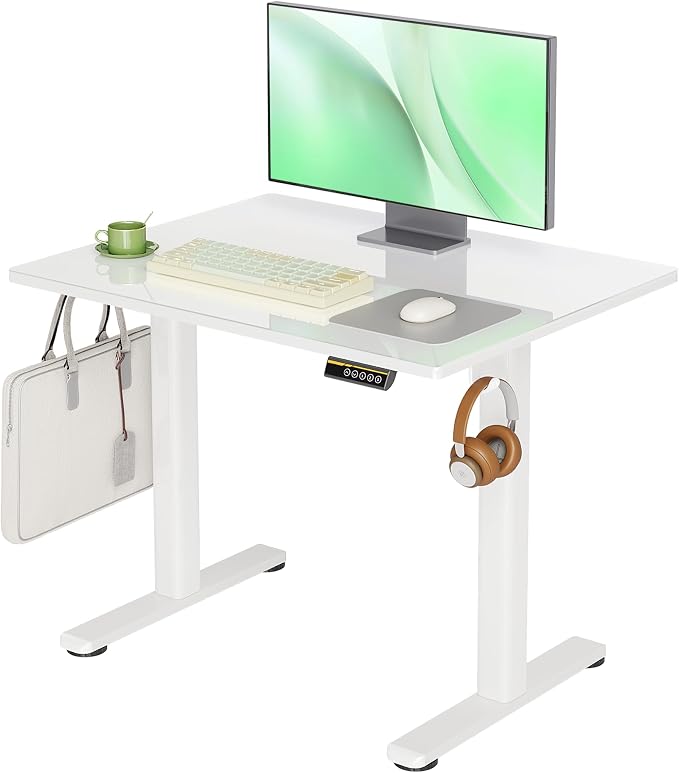 Claiks 35x20 Inch Super White Glass Standing Desk | Adjustable Height, Tempered Glass Top, Stand Up, Quick Install, 3 Memory Presets