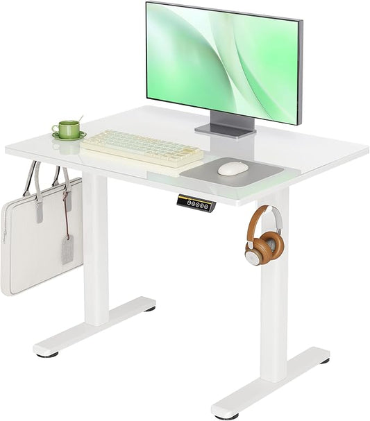 Claiks 35x20 Inch Super White Glass Standing Desk | Adjustable Height, Tempered Glass Top, Stand Up, Quick Install, 3 Memory Presets