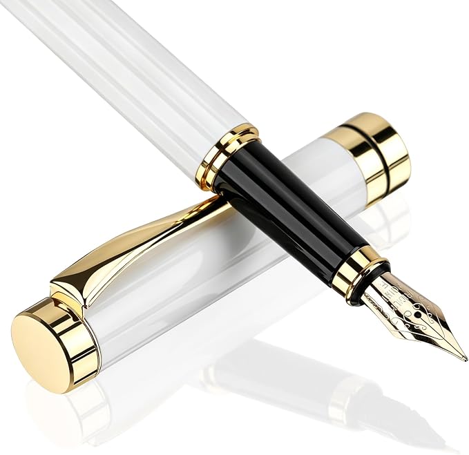 Tiankool Luxury Fountain Pen,Fine Nib, Exquisite Pen Gift Set for Men&Women-Includes 10 Ink Cartridges&Ink Converter- Nice Pens - White