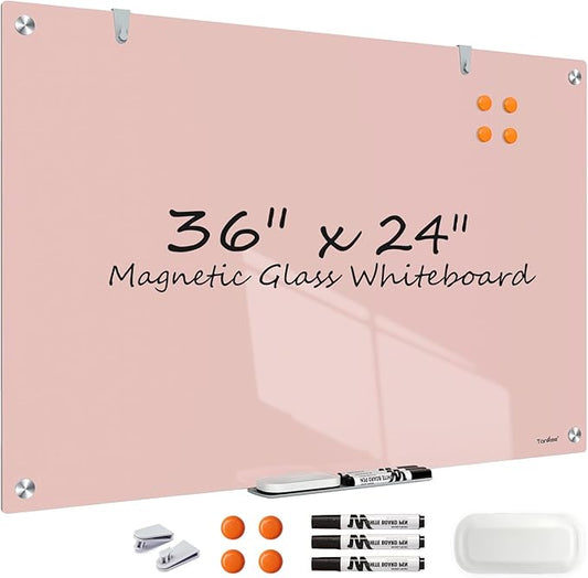 Glass Whiteboard, 36x24 Inches Magnetic Glass Dry Erase Board, Pink White Board for Wall Office School Classroom Home, 3x2 Feet Large White Board Wall Mounted