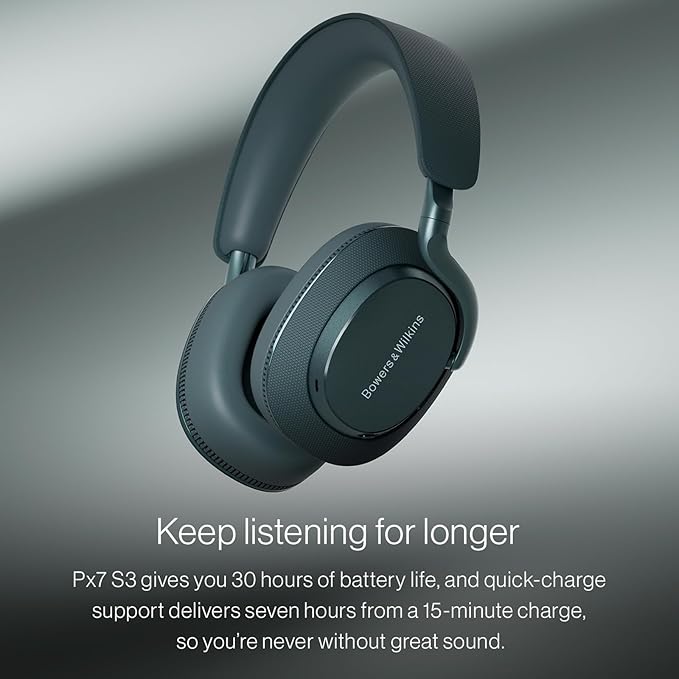 Bowers & Wilkins Px7 S3 Over-Ear Headphones, High-Resolution Sound, Comfortable Fit, Bluetooth, Active Noise Cancelling & Transparency Mode, 30-Hour Playtime, Quick Charge Support, Frost Blue
