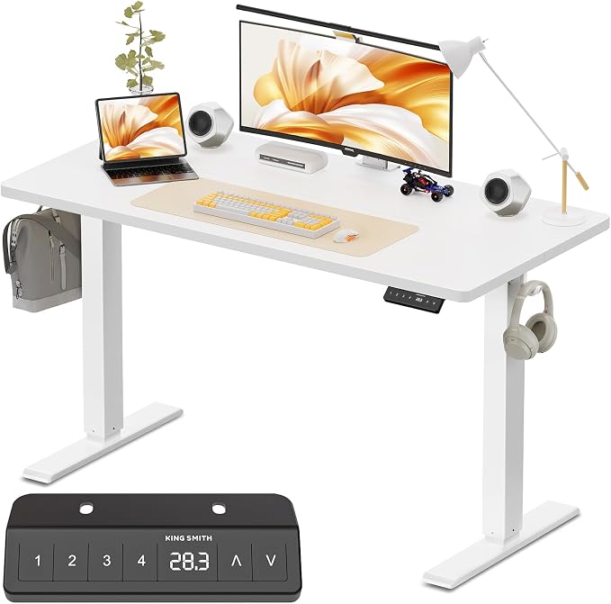 WALKINGDESK 40x24 Inches Height Adjustable Electric Standing Desk with 2 Hooks for Home Office, Ergonomic Sit Stand up Desk with Splice Board, White