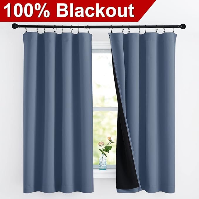 NICETOWN 100% Blackout Curtains Keep Warm and Cool, Insulated Full Blackout 2-Layer Lined Drapes, Energy Efficiency Window Draperies for Bedroom (Stone Blue, 2 Panels, 52 inches W by 63 inches L)