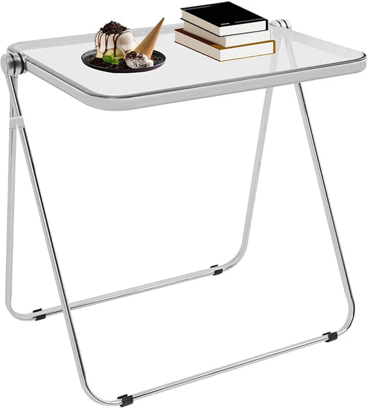 Acrylic Folding Table, 25 * 20 * 27in Compact Writing Desk with Sturdy Metal Frame, Side Table for Small Spaces, Home Office, Small Computer, Snack Dinner on Couch (Silver and Clear)