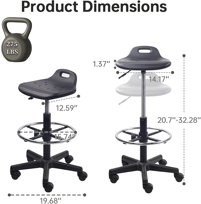 KLASIKA Drafting Rolling Stool Adjustable Height with Foot Rest Breathable Seat Cushion Swivel Stools with Wheels, Multi-Purpose Work Stool for Shop, Task, Salon, Black, 4 Pack