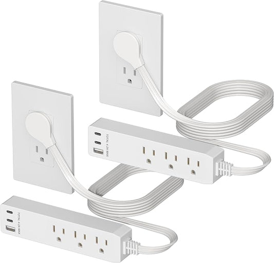 LIDER Outlet Extender with 3 Receptacles, USB-A & 2 USB-C Ports, Ultra-Thin Flat-Plug, 3-Outlet Power Strip, Slim Angled Design, 5ft Cord, 1250W, ETL Listed, Matte White, 2-Pack
