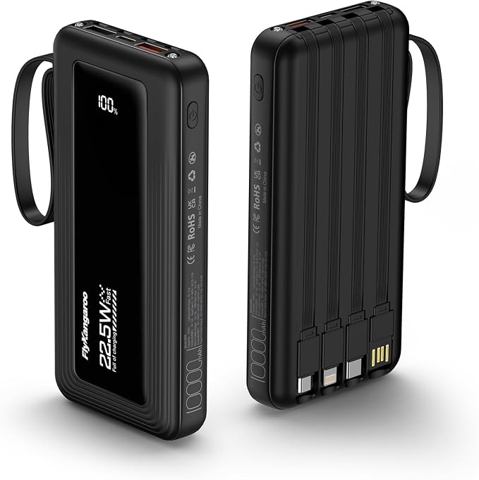 Portable Charger with Built in Cables, Slim 10000mAh Fast Charging 22.5W Power Bank USB C LED Display Battery Pack 6 Outputs & 2 Inputs for iPhone Samsung Pixel LG Moto iPad