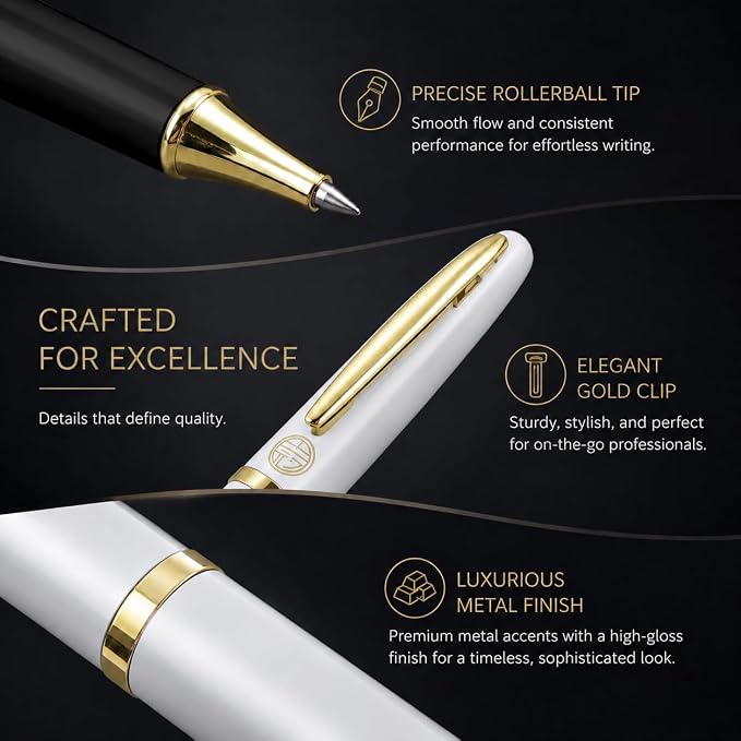 Luxury Gold Rollerball Pen, 24K gold-plated exquisite pen body, stylish and simple design, two ink refills, gift set for men and women, executive writing, office, graduation gift (White)