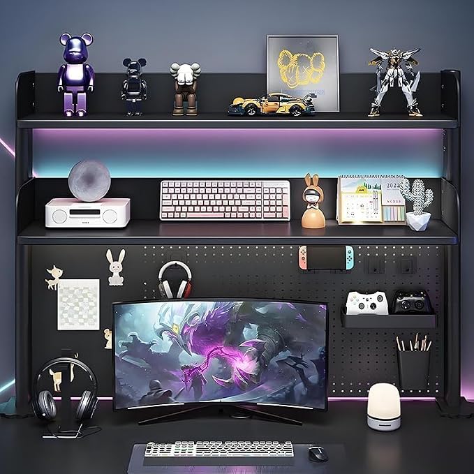 CHSSIH Clamp On Desk Pegboard Shelf - Metal Desktop Organizer Hutch with 2 Shelves for Storage and Display, Desk Add-On Shelf for Office, Dorm, or Computer Monitor Stand, Black (39.3")