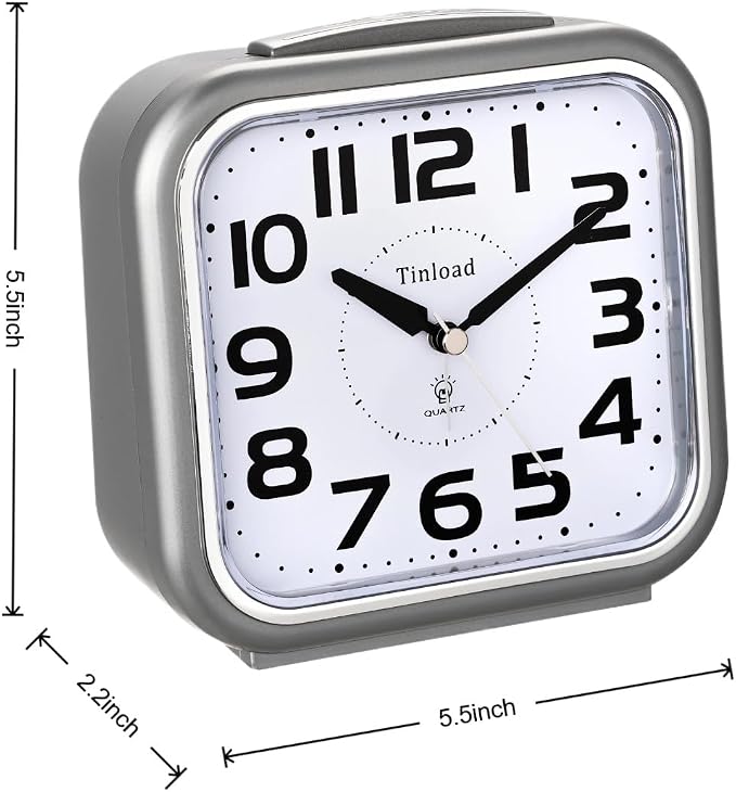 Tinload 5.5" Large Analog Alarm Clock Silent Non Ticking, Gentle Wake, Beep Sounds, Increasing Volume, Battery Operated Snooze and Manual Light, Easy Set