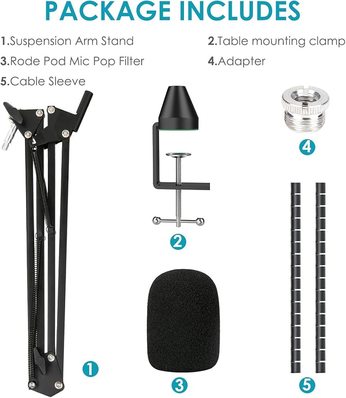 YOUSHARES Rode Podmic Stand with Pop Filter - Microphone Boom Arm with Foam Windscreen Improve Recording Quality