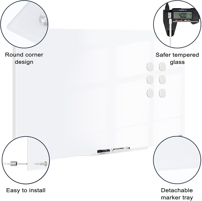 Magnetic Glass Whiteboard, 24" x 18", Frameless Wall Mount, Ultra White | Glass Dry Erase Board for Wall, Includes 1 Marker Tray and 6 Magnets, White Board for Office, Home, Classroom