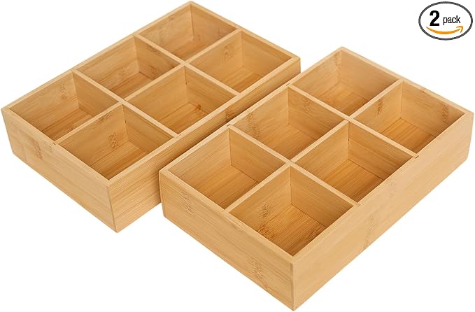 2 Pack Bamboo Desk Organizer with Adjustable Dividers | Modular Wooden Storage Trays, Kitchen, Bathroom, Vanity Office Desk, Decluttering Solution, Makeup, Jewelry Office Supplies