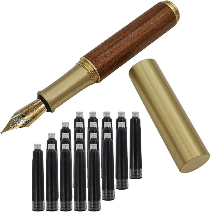 Handcrafted Brass Wooden Fountain Pen Short Paragraph (85mm) Pocket Mini Travel Pen with 20 Pcs Black Ink Cartridges, Brown Stripes