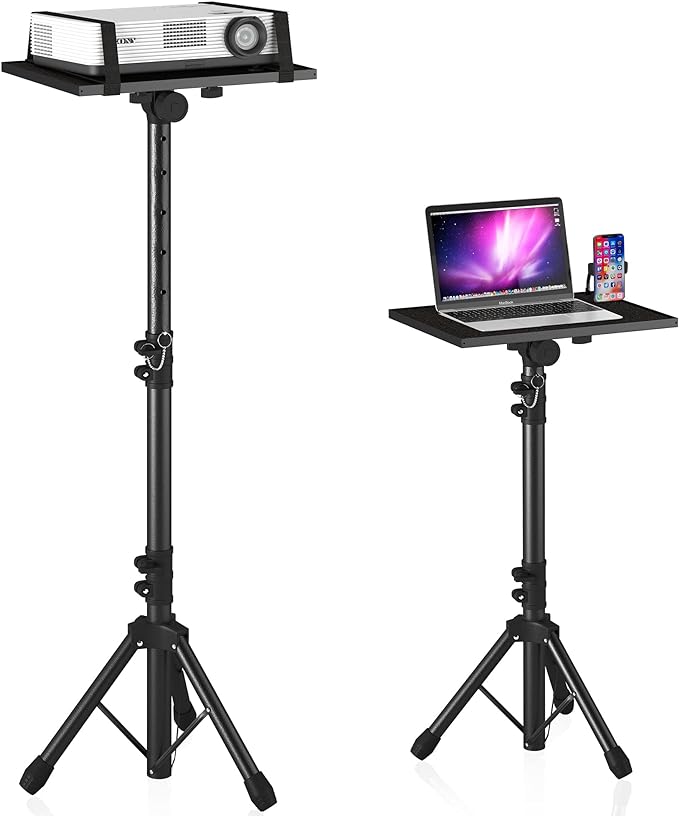 Projector Stand Tripod Adjustable, Laptop Height from 23.5 to 46.5 inches with Gooseneck Phone Holder, Floor for Office, Home, Stage, Studio, DJ Racks Holder Mount