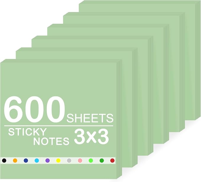 Super Sticky Notes,6 Pads Self-Stick Note Pads 3 x 3 in,600 Sheets Total Sticky Notepad Bulk Post,Office Supplies,School Supplies,Christmas Decor (Light Green, 6 Pads Sticky Notes 3x3)