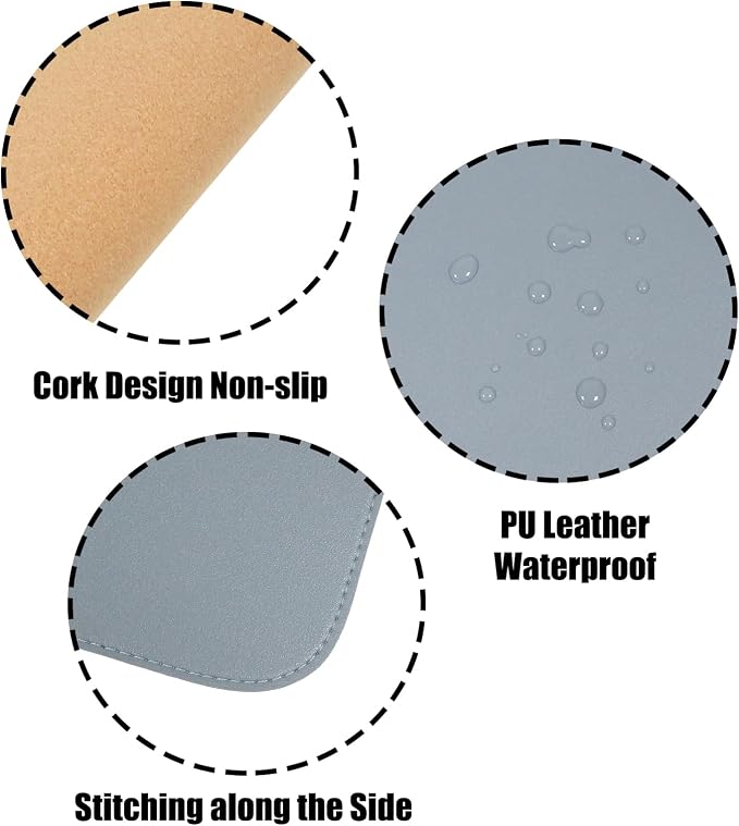 Large Double Sided Desk Mat 31.5" x 15.7" PU Leather Cork Mouse Pad | Large Blue Overlocked Edge Desk Pad Protector for Office Home Gaming Laptop Vanity, Overlocked with Matching Thread
