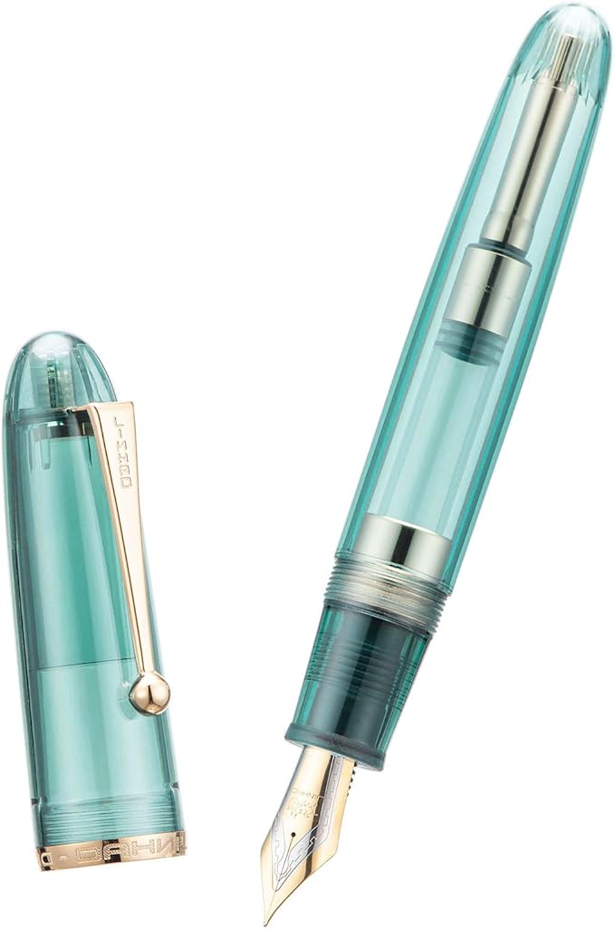 Jinhao 9019 Fountain Pen Dadao Series Transparent Blue Gold Trim #8 Fine Point Large Converter Smooth Writing Instrument