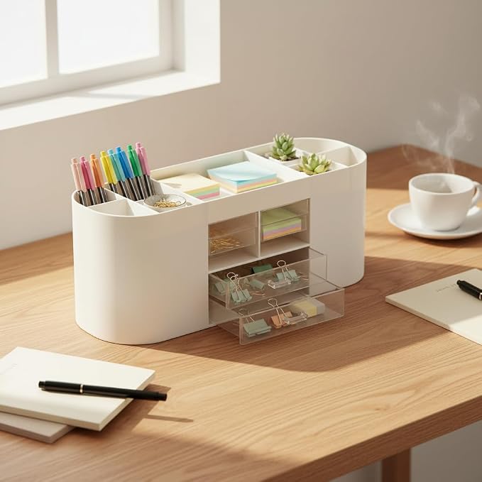Desk Organizer with Drawers, Office Supplies Storage, White | Customizable desktop storage with removable dividers and 3 clear drawers for pens, notes, clips and everyday office supplies.
