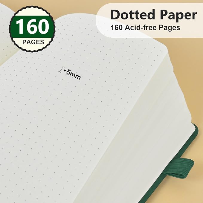 PERCUN Dotted Journal Notebook for Men & Women, 160 Pages Dot Grid notebook, A5 Hardcover Leather Bullet Journaling for Writing, Work, School, Travel, Daily Diary 5.9" x 8.5" (Green)