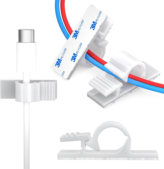 XHF 100pcs Adhesive Cable Wire Clips white, Outdoor Cable Management Wire Organizer Cord Holder for Under Desk, Car, Wall, TV PC Ethernet Cable