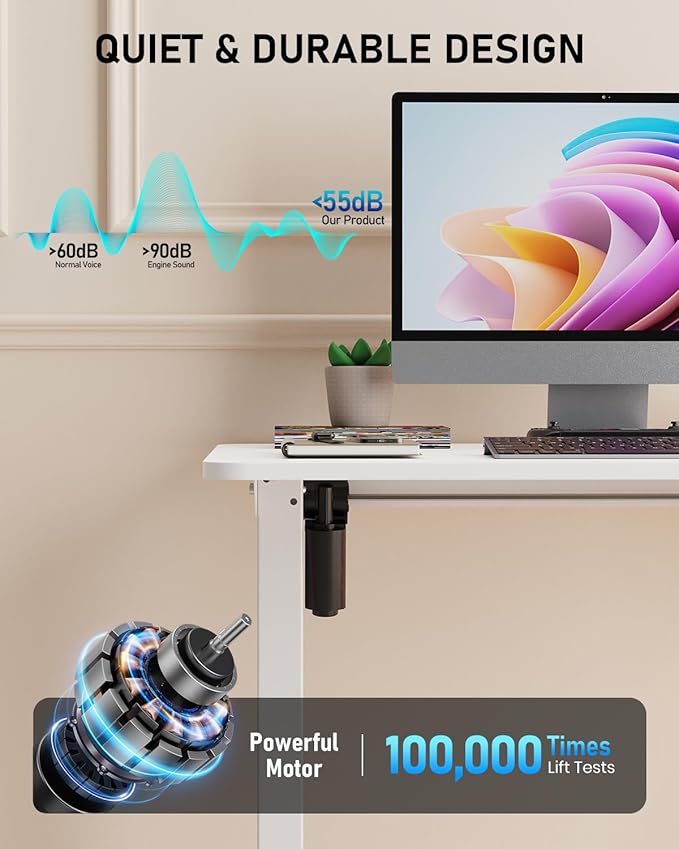 55" Electric Standing Desk Adjustable Height, Sit Stand up Desk for Home Office & Computer Workstation, 2 Memory Height Settings, Splice Board, 2 Hooks, White Frame/White Top