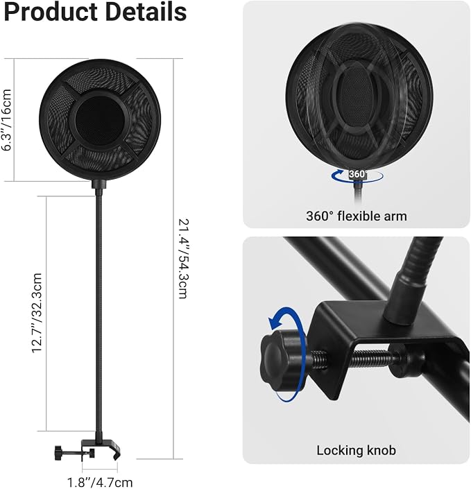 NEEWER Metal Pop Filter for Microphone, Six Layer Professional Foam Mic Isolation Shield Windscreen Cover with Flexible Arm for Podcast Live Streaming Voice Over Singing Studio Music Recording, MS044