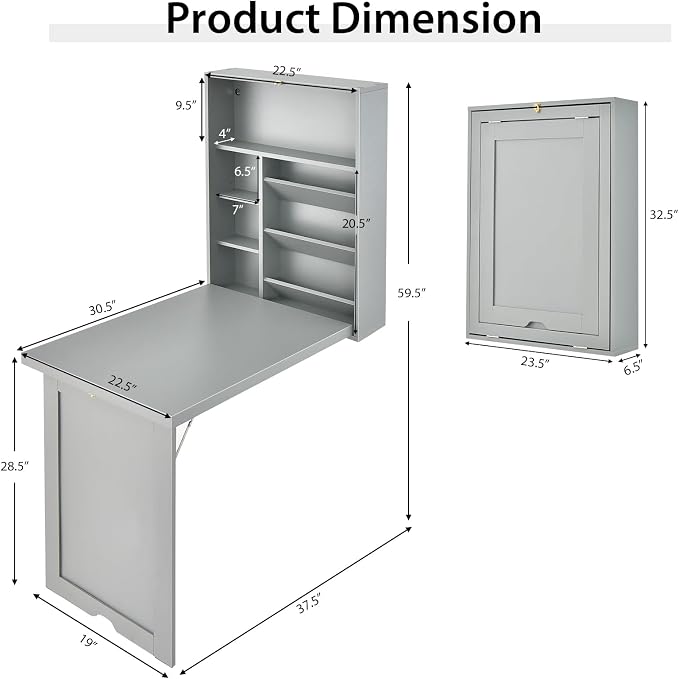Wall Mounted Desk, Wood Collapsible Floating Desk, Convertible Computer Desk with Storage Area, Hanging Fold Out Table for Home Office, Small Spaces (Grey)