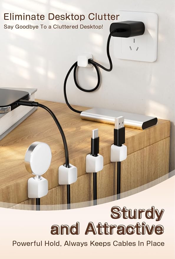 Maveek Magnetic Cord Holders, 5 Pack Silicone Magnet Cable Clips with Metal Plates, Standing Desk Wire Organizer for USB Charging Cables, Nightstand, Car, Metal Surface (Small, White)