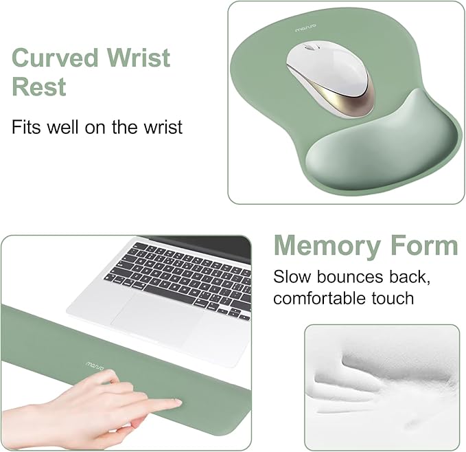 MOSISO Wrist Rest Support for Mouse Pad&Keyboard Set, Ergonomic Mousepad&Coaster, Non-Slip Base Home/Office Rectangular Easy Typing Cushion Pad with Soft Cloth&Curved Concave Memory Foam, Green