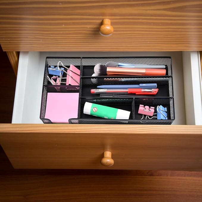 Desk Drawer Organizer, Office Metal Mesh Drawer Divider Organizer Tray with 6 Compartments, Pen Organizer for Desk Drawers Tray Desktop Accessories(COLOR:Black)