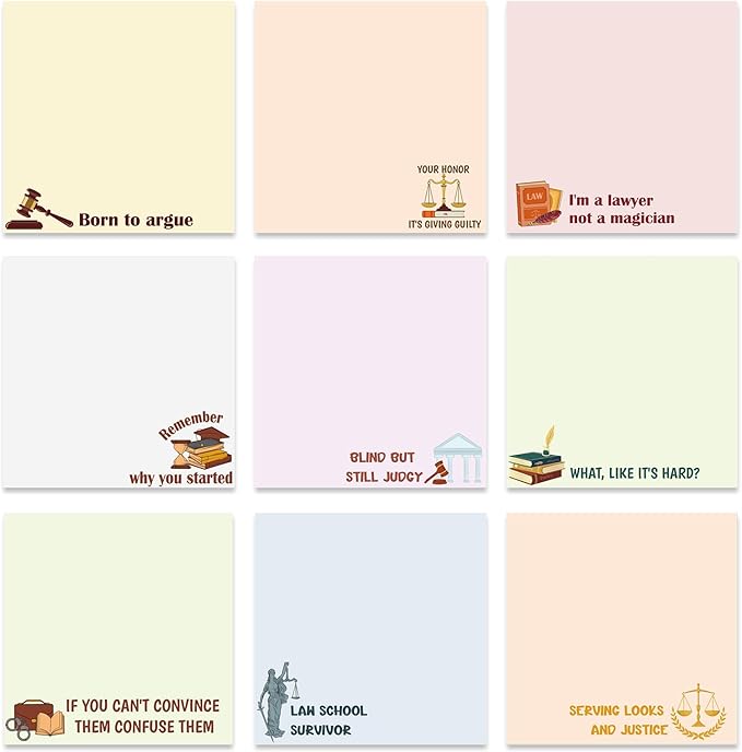 Lawyer Sticky Notes Gifts - 9 Pack Funny Attorney Notepads 3x3 Inches, Lawyer Gifts for Women Men, Law Self-Stick Memo Pads, Legal School Office Supplies for Students Coworkers (450 Sheets)