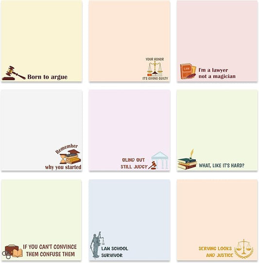 Lawyer Sticky Notes Gifts - 9 Pack Funny Attorney Notepads 3x3 Inches, Lawyer Gifts for Women Men, Law Self-Stick Memo Pads, Legal School Office Supplies for Students Coworkers (450 Sheets)