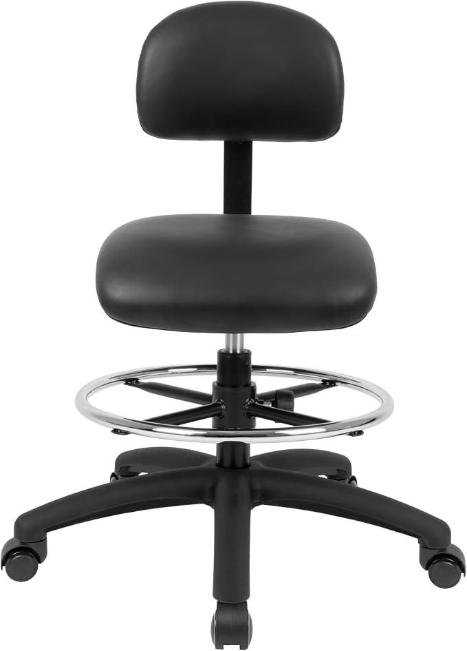 FSS Series Square seat (19"-27") seat Height Chair. Vinyl-for Office, Garage, Desk, Shop, Computer, Doctor, Medical, Easy to Clean! 18" Footring (Black, Mid Stool, Self Braking Casters)