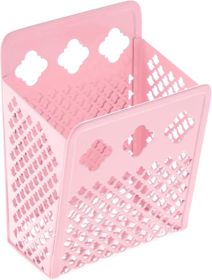 Magnetic Pen Holder, Mesh Metal Strong Magnet Dry Erase Marker Holder Pencil Organizer Small Items Basket for Refrigerator, Whiteboard, Locker Accessories-Pink